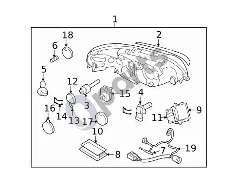 Volvo S60 priekinio žibinto komponentai (1) – schema