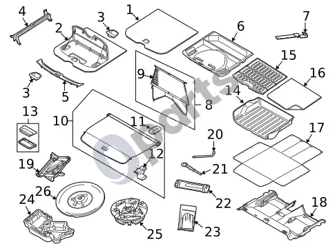 Volvo XC60 bagažinės dangtis ir skyrius (1) – schema