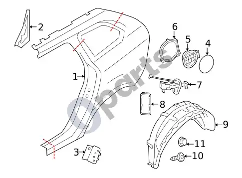 Volvo XC60 galinis sparnas ir komponentai – schema