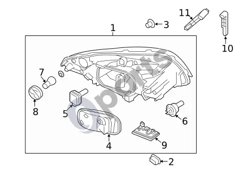 Volvo XC60 priekinio žibinto komponentai (1) – schema