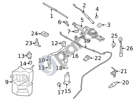 Volvo XC60 valytuvų ir apiplovimo sistemos komponentai (1) – schema